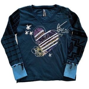 Desigual Heart Design Knit Sleeves Navy Canace Top